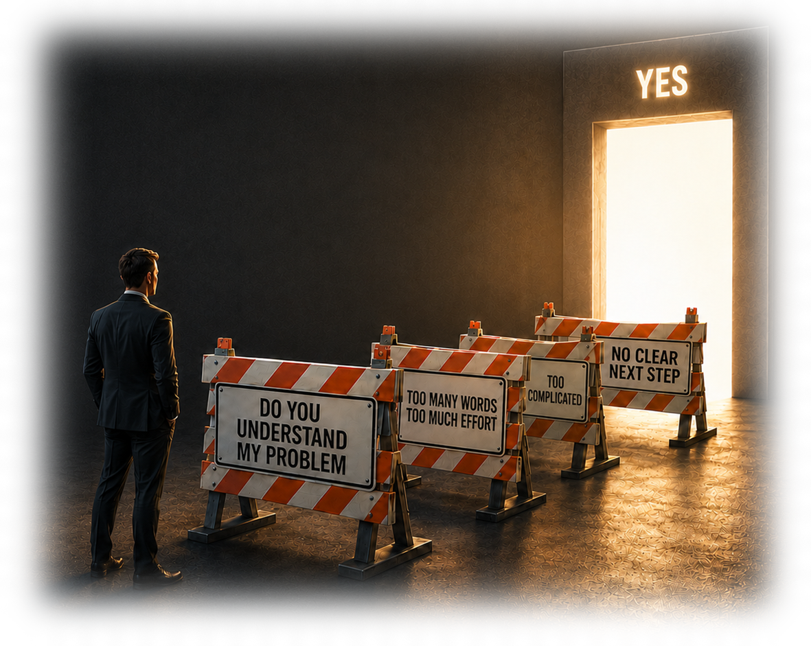 A customer facing confusing sales-message barriers on the way to yes